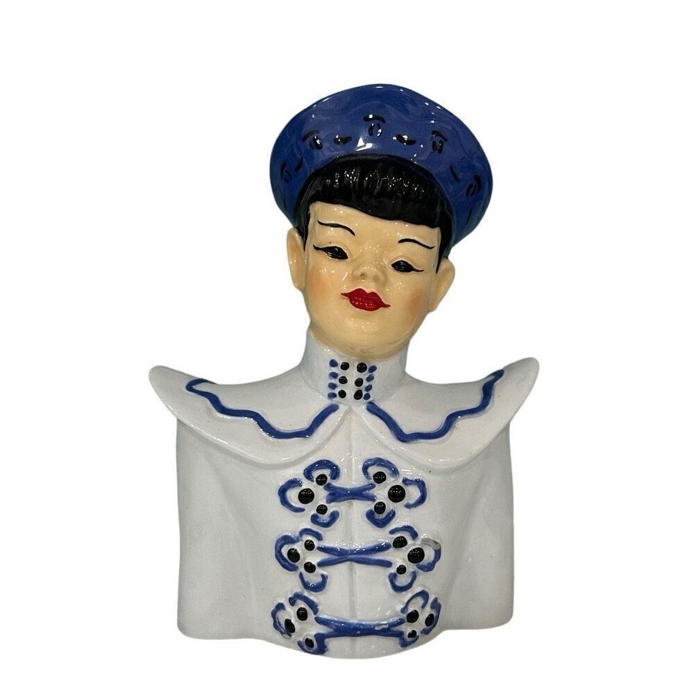 Vintage Asian Man Planter Figurine 7.5" Blue & White Glossy Ceramic Asian Boy